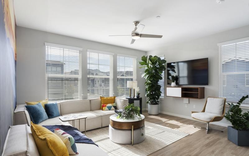 a living room with a tv and couches